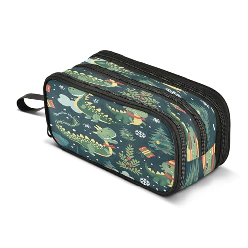 Mnsruu Federmäppchen mit weihnachtlichem Dinosaurier-Motiv, großes Fassungsvermögen, 3 Fächer, Beutelhalter, Schulbedarf, Jungen und Mädchen, mehrfarbig, Einheitsgröße, Taschen-Organizer von Mnsruu