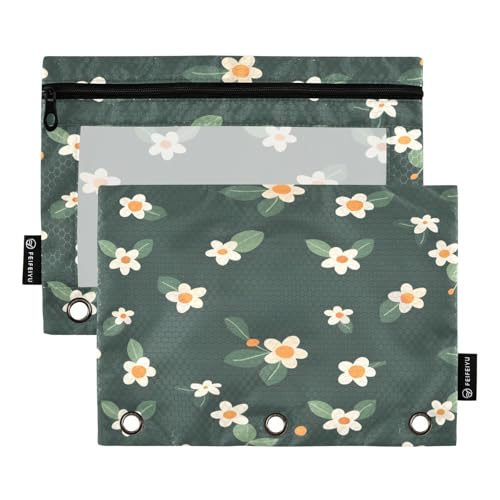 Mnsruu Federmäppchen mit weißem Blumenmuster, für 3-Ringbücher mit Reißverschluss, 2 Stück, Federmäppchen mit transparentem Fenster, Kosmetiktasche für Büro, Uni, Büro, Mehrfarbig, Einheitsgröße von Mnsruu