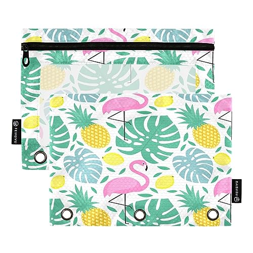 Mnsruu Flamingo Ananas 3-Ring-Bleistiftbeutel mit Reißverschluss, transparentes Fenster, Schreibwarentasche zur Aufbewahrung von Schul- und Bürobedarf, 2 Stück, mehrfarbig, Einheitsgröße, Beauty Case von Mnsruu