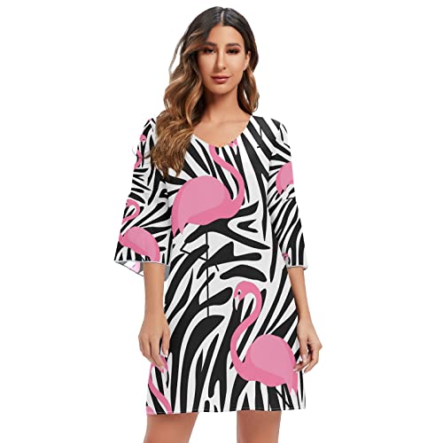 Mnsruu Flamingo Zebra Print Damen Casual Chiffon Minikleid 3/4 Ärmel V Ausschnitt, mehrfarbig, XL/XXL von Mnsruu
