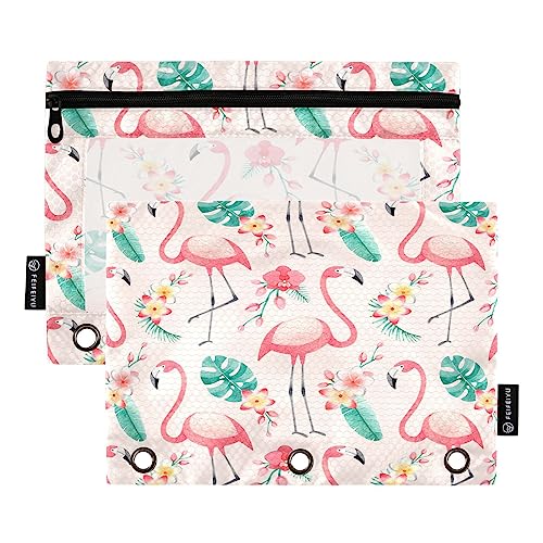 Mnsruu Flamingos Tropische Blumen, 3 Ringbuch-Bleistiftbeutel mit Reißverschluss, Klarsichtfenster, Schreibwarentasche zur Aufbewahrung von Schul- und Bürobedarf, 2 Stück, mehrfarbig, Einheitsgröße, von Mnsruu