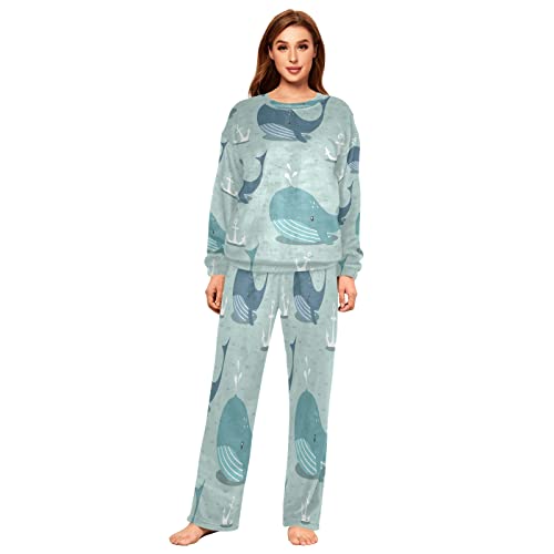 Mnsruu Flanell-Pyjama-Set für Damen, Motiv: Whale, Seeanker, 2-teilig, langärmelig, Nachtwäsche, Lounge-Sets, mehrfarbig, 38 von Mnsruu