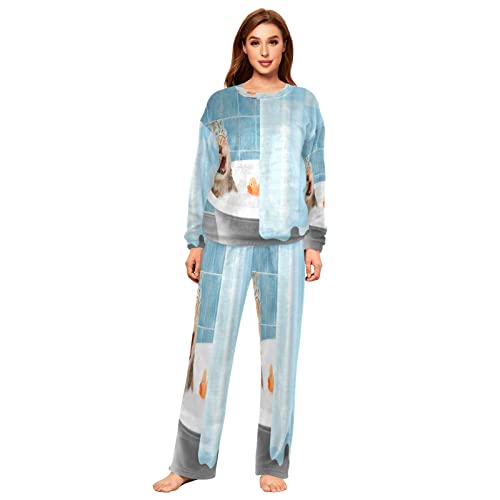 Mnsruu Flanell-Pyjama-Set mit Katzenmotiv, 2-teilig, langärmelig, Nachtwäsche, Lounge-Set, mehrfarbig, 46 von Mnsruu