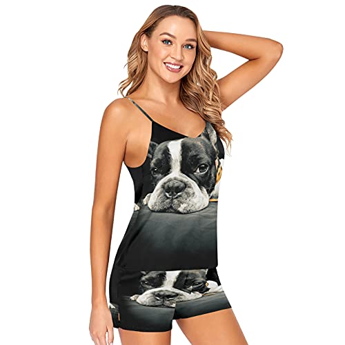Mnsruu Französische Bulldogge Welpe Schwarz Pyjama Shorts Set Frauen Schlaf Dessous Satin Nachtwäsche Gr. 46, mehrfarbig von Mnsruu