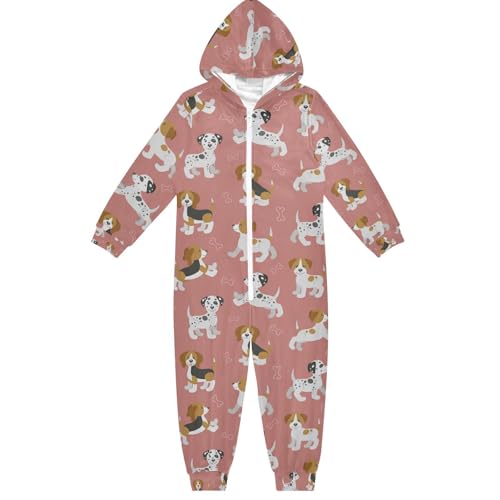 Mnsruu Funny Puppies Beagle Dalmatiner Jack Russell Terrier Kinder Schlafanzug Set mit Kapuze für 4–14 Jahre Jungen Mädchen Kinder Loungewear Reißverschluss Nachtwäsche All-in-One Schlafanzug Overall von Mnsruu