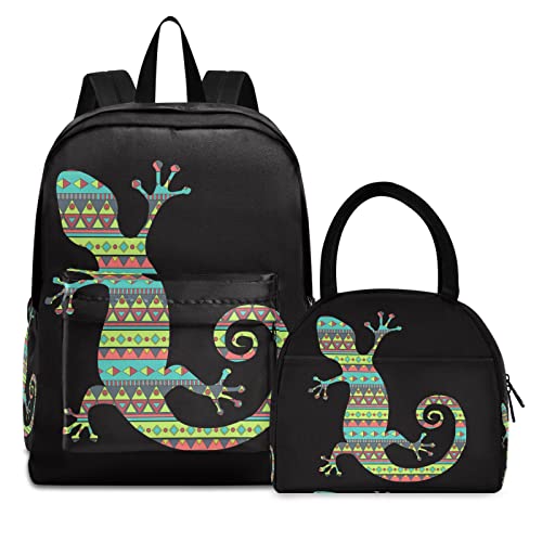 Mnsruu Gecko Eidechse Schulranzen Set mit Lunchtasche, leichter Rucksack Lunchbag für Schule Teenager Mädchen Jungen, mehrfarbig, Einheitsgröße, Schulranzen-Set von Mnsruu
