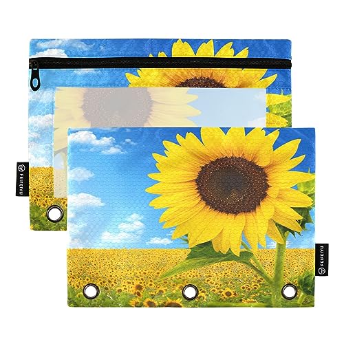 Mnsruu Gelbe Happy Sunflower 3-Ring-Bleistiftbeutel mit Reißverschluss, transparentes Fenster, Schreibwarentasche zur Aufbewahrung von Schul- und Bürobedarf, 2 Stück, mehrfarbig, Einheitsgröße, Beauty von Mnsruu