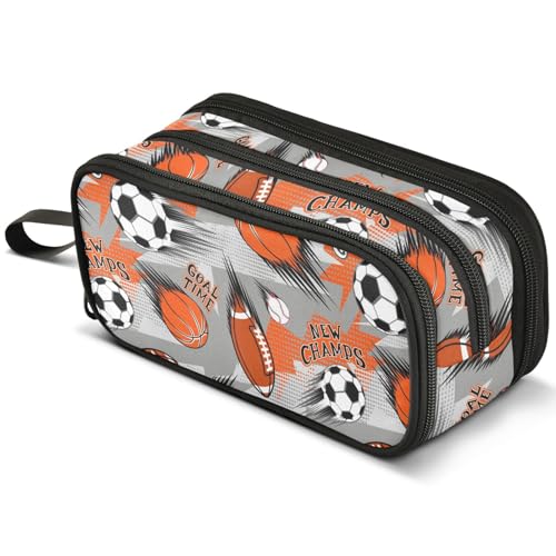 Mnsruu Geometrisches Federmäppchen mit Fußball-, Basketball-, Grunge-Design, großes Fassungsvermögen, Stifteetui mit 3 Fächern, Stifthalter, Organizer, Schreibwaren-Tasche, A675, Kinderrucksack von Mnsruu
