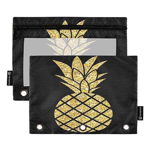 Mnsruu Gold Glitter Ananas Schwarz 3 Ring Binder Pencil Pouches with Zipper Clear Window Stationery Bag for Storing School Office Supplies, 2 Pack, mehrfarbig, Einheitsgröße, Beauty Case von Mnsruu