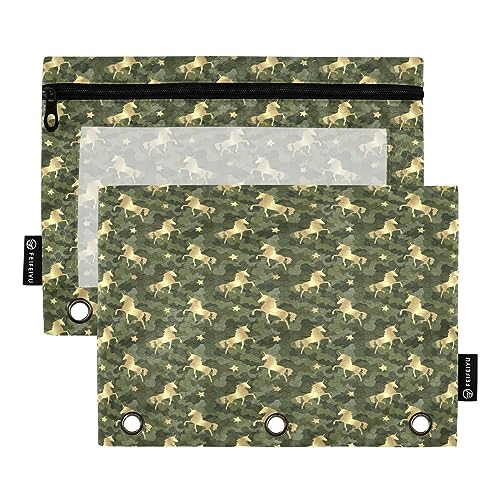 Mnsruu Goldfarbenes Einhorn auf Camouflage, 3-Ring-Bleistiftbeutel mit Reißverschluss, transparentes Fenster, Schreibwarentasche zur Aufbewahrung von Schul- und Bürobedarf, 2 Stück, mehrfarbig, von Mnsruu