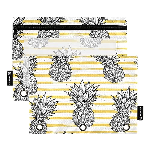 Mnsruu Graue Ananas mit gestreiften 3-Ring-Bleistiftbeuteln mit Reißverschluss, transparentes Fenster, Schreibwarentasche zur Aufbewahrung von Schul- und Bürobedarf, 2 Stück, mehrfarbig, von Mnsruu