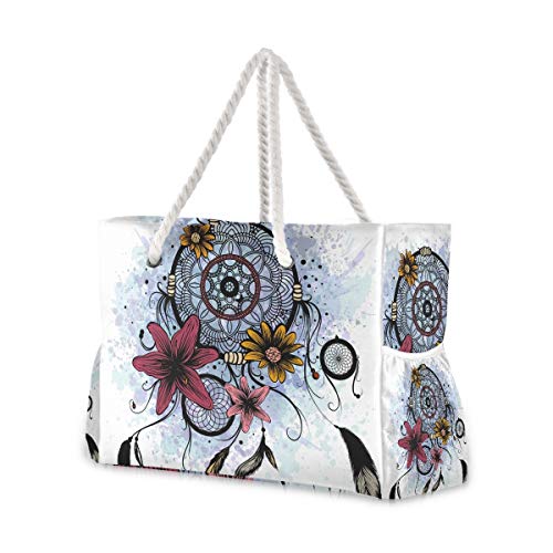 Mnsruu Große Strandtasche, Traumfänger und Blumen, Schultertasche, Strandtasche, Baumwollseilgriffe, Reise-Tragetasche für Frauen von Mnsruu