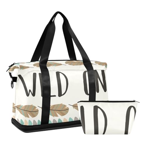 Mnsruu Große Weekender Übernachtungstasche, Reisetasche mit Schuhfach und Nasstasche, Boho-Muster mit Federzitat, geometrisches Turnbeutel mit Kulturbeutel, #04, Einheitsgröße, modisch von Mnsruu
