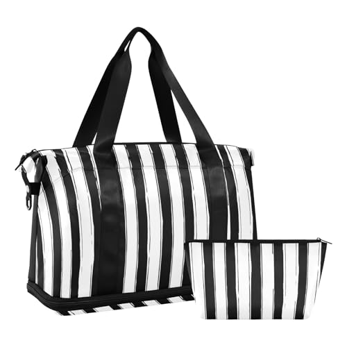 Mnsruu Große Weekender Übernachtungstasche, Reisetasche mit Schuhfach und Nasstasche, niedlicher geometrischer Grunge-Stil, schwarz-weiß gestreift, Turnbeutel mit Kulturbeutel, #04, Einheitsgröße, von Mnsruu