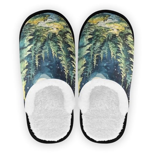 Mnsruu Grüne Malerei Wald Mond Kiefer Weihnachten Haus Hausschuhe rutschfeste Baumwolle Hausschuhe Home Hotel Spa Schlafzimmer Reise M für Männer Frauen von Mnsruu