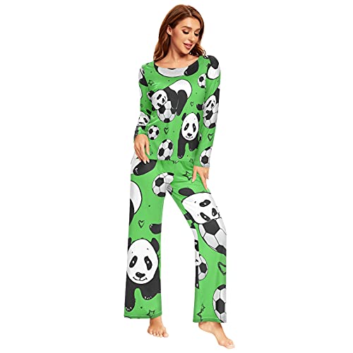 Mnsruu Grünes Pandabär-Pyjama-Set für Damen, 2-teilig, langärmelig, Nachtwäsche, Lounge-Sets, mehrfarbig, 42 von Mnsruu