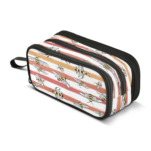 Mnsruu Grunge Stripes and Bumblebees Federmäppchen, großes Fassungsvermögen, 3 Fächer, Beutelhalter, Schulbedarf, Jungen und Mädchen, mehrfarbig, Einheitsgröße, Taschen-Organizer von Mnsruu