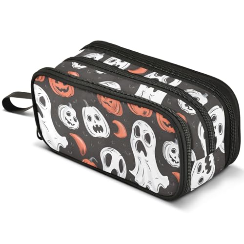 Mnsruu Halloween Federmäppchen mit niedlichem Geistermotiv, großes Fassungsvermögen, Federmäppchen mit 3 Fächern, Stifthalter, Organizer, Schreibwaren-Tasche, B355, Kinderrucksack von Mnsruu