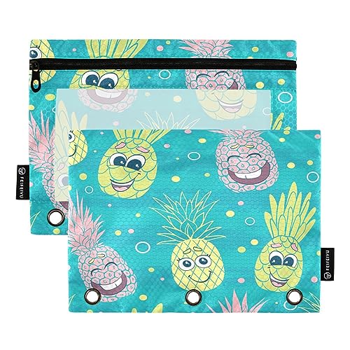 Mnsruu Happy Pineapple Faces 3-Ring-Bleistiftbeutel mit Reißverschluss, transparentes Fenster, Schreibwarentasche zur Aufbewahrung von Schul- und Bürobedarf, 2 Stück, mehrfarbig, Einheitsgröße, Beauty von Mnsruu