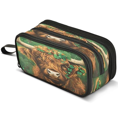 Mnsruu Highland Cow Federmäppchen mit vier Blättern, großes Fassungsvermögen, Stifteetui mit 3 Fächern, Stifthalter, Organizer, Schreibwaren-Tasche, B082, Kinderrucksack von Mnsruu