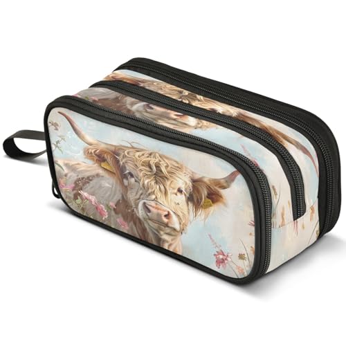 Mnsruu Highland Rinder Federmäppchen mit rosa Rosen, großes Fassungsvermögen, Stifteetui mit 3 Fächern, Stifthalter, Organizer, Schreibwaren-Tasche, B122, Kinderrucksack von Mnsruu