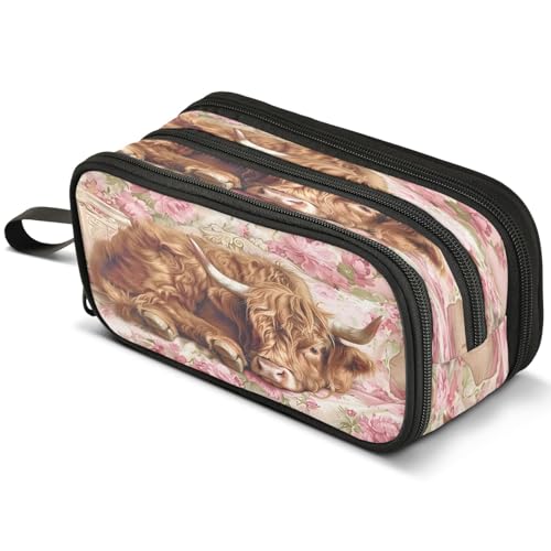 Mnsruu Highland Rinder Federmäppchen mit rosa Rosen, großes Fassungsvermögen, Stifteetui mit 3 Fächern, Stifthalter, Organizer, Schreibwaren-Tasche, B124, Kinderrucksack von Mnsruu