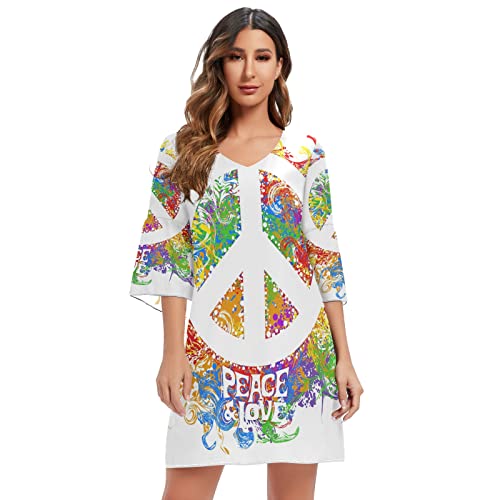 Mnsruu Hippie Peace Sign Love Floral Damen Casual Chiffon Minikleid 3/4 Ärmel V Ausschnitt, mehrfarbig, L-XL von Mnsruu
