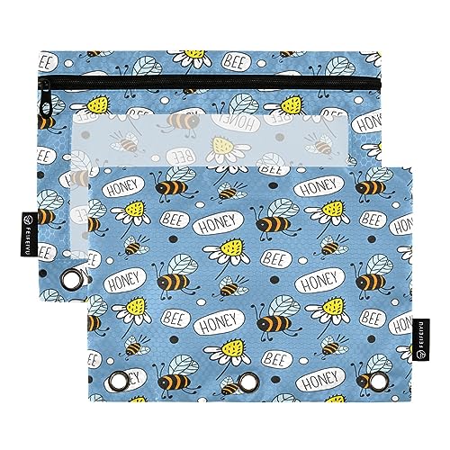 Mnsruu Honey Bees Flowers Blue 3 Ring Binder Pencil Pouches with Zipper Clear Window Stationery Bag for Storing School Office Supplies, 2 Pack, mehrfarbig, Einheitsgröße, Beauty Case von Mnsruu