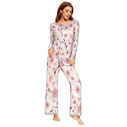 Mnsruu Japanisches Kirschblüten-Pyjama-Set für Damen, 2-teilig, langärmelig, Nachtwäsche, Lounge-Sets, mehrfarbig, 38 von Mnsruu