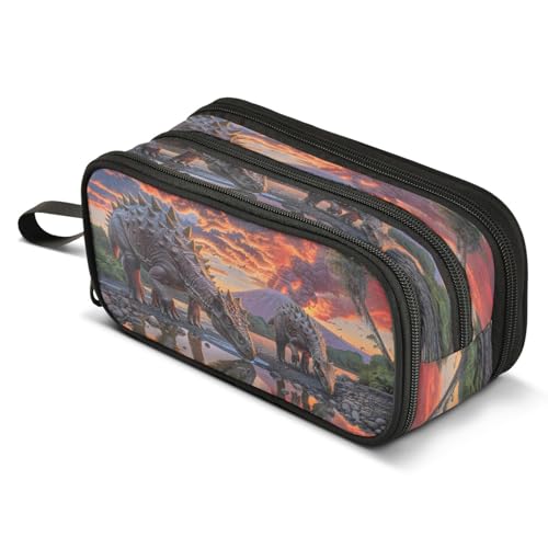 Mnsruu Jurassic Federmäppchen mit Dinosaurier-Wald, großes Fassungsvermögen, Stiftetasche, 3 Fächer, große Stiftebox für Jungen und Mädchen, Schule, Aufbewahrungs-Organizer von Mnsruu