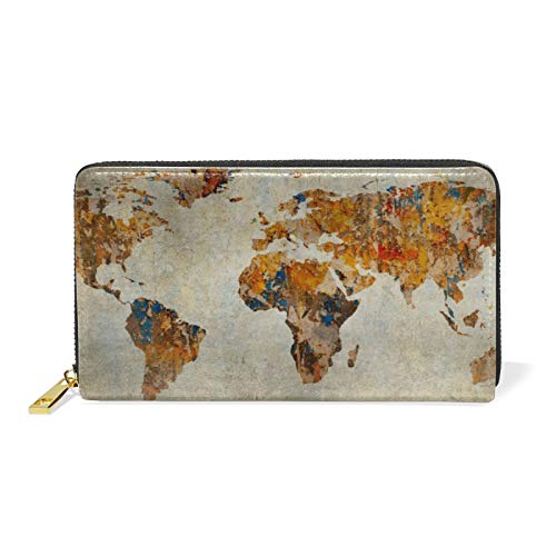 Mnsruu Kunst Vintage Weltkarte Damen Brieftasche Reißverschluss Geldbörse Echtes Leder Geldbeutel Telefon Kreditkartenetui Portemonnaie für Frauen Mädchen von Mnsruu