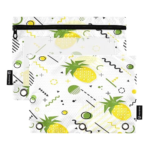 Mnsruu Memphis Ananas-Bleistiftbeutel mit geometrischem 3-Ring-Design, mit Reißverschluss, durchsichtiges Fenster, Schreibwarentasche zur Aufbewahrung von Schul- und Bürobedarf, 2 Stück, mehrfarbig, von Mnsruu