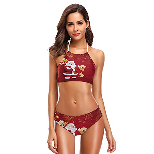 Mnsruu Merry Christmas Santa Claus Schneeflocke Damen Halfter Bikini Bademode Hohe Taille Gepolstert 2 Stück, mehrfarbig, S / M von Mnsruu