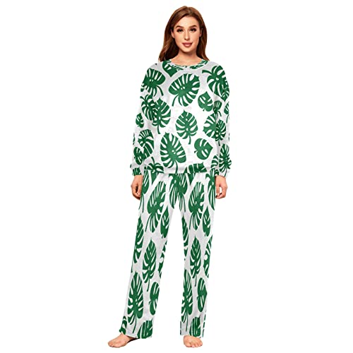 Mnsruu Monstera Leaves, grünes Flanell-Pyjama-Set für Damen, 2-teilig, langärmelig, Nachtwäsche, Lounge-Sets, mehrfarbig, 38 von Mnsruu