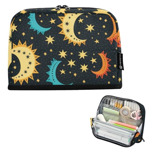Mnsruu Moon Stars schwarzes Steh-Federmäppchen, großes Fassungsvermögen, Stifttasche für Jungen und Mädchen, mehrschichtiges Stifteetui, Stifthalter, Schreibwaren-Organizer für Schule, Büro, Arbeit von Mnsruu