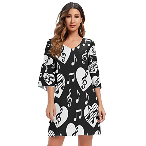Mnsruu Music Notes Love Heart Damen Casual Chiffon Minikleid 3/4 Ärmel V-Ausschnitt, mehrfarbig, S-M von Mnsruu