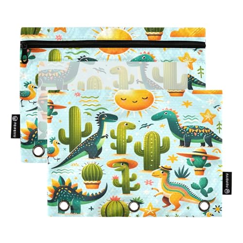Mnsruu Nahtloses Dinosaurier- und Kaktus-Federmäppchen für 3-Ringbuch, 2 Stück Binder-Bleistifttasche mit Reißverschluss, transparentes Fenster, Reißverschluss, Federmäppchen für Bürobedarf von Mnsruu