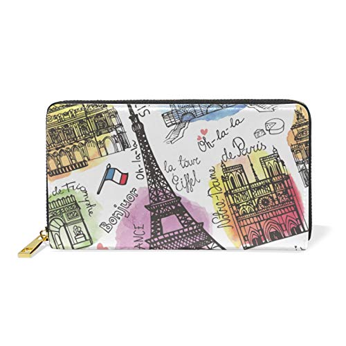 Mnsruu Niedliche Kunst Retro Eiffelturm Damen Brieftasche Reißverschluss Geldbörse Echtes Leder Geldbeutel Telefon Kreditkartenetui Portemonnaie für Frauen Mädchen von Mnsruu