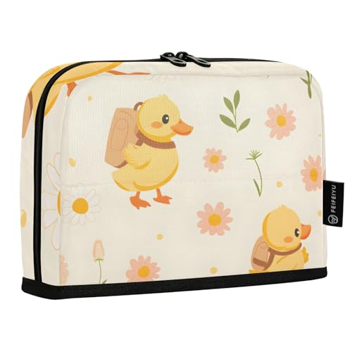 Mnsruu Niedliche kleine gelbe Ente mit Rucksack, Gänseblümchen, Stehendes Federmäppchen, großes Fassungsvermögen, Stifttasche für Jungen und Mädchen, mehrschichtige Stiftetasche, Stifthalter von Mnsruu