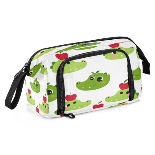 Mnsruu Niedliches Krokodilgesicht mit Apfel auf dem Kopf, Aufkleber, Hintergrund, großes Fassungsvermögen, Federmäppchen, Federmäppchen, Schreibwaren, Büro, Organizer-Tasche für Jungen und Mädchen von Mnsruu