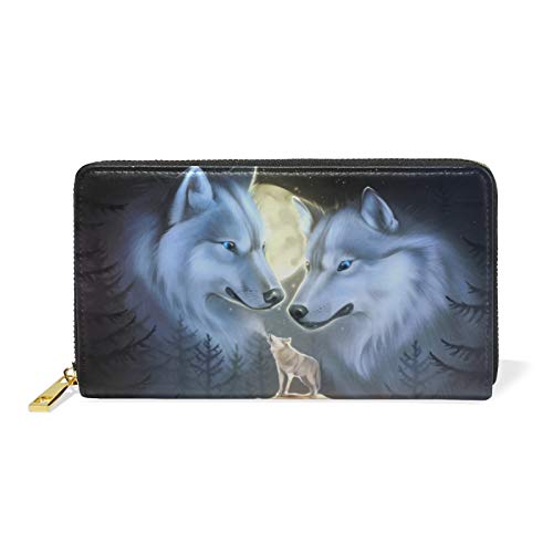 Mnsruu Niedliches Tierbaby Wolf Damen Brieftasche Reißverschluss Geldbörse Echtes Leder Geldbeutel Telefon Kreditkartenetui Portemonnaie für Frauen Mädchen von Mnsruu