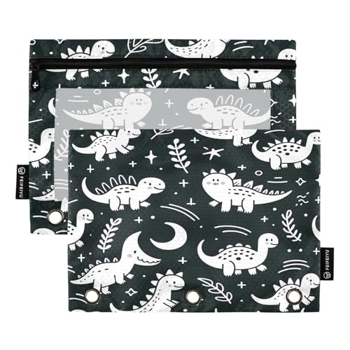 Mnsruu Niedliches weißes gefüttertes Dinosaurier-Federmäppchen für 3-Ringbuch, 2 Stück Binder-Federmäppchen mit Reißverschluss, transparentes Fenster, Reißverschluss, Federmäppchen für Bürobedarf von Mnsruu