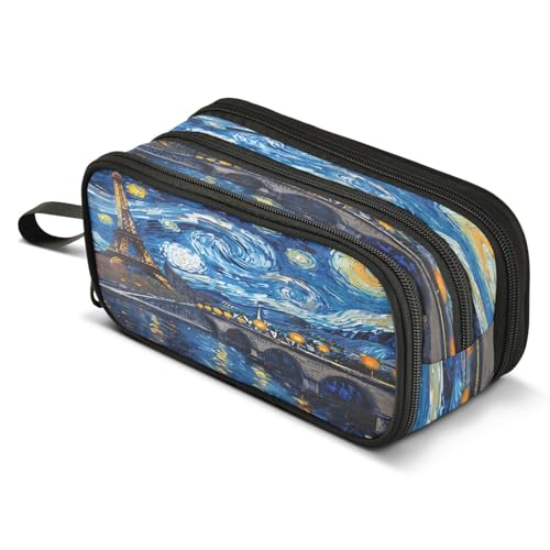 Mnsruu Night Paris Federmäppchen mit Ölgemälde, Sternenhimmel, großes Fassungsvermögen, Stiftetasche, 3 Fächer, große Stiftebox für Jungen und Mädchen, Schule, Aufbewahrungs-Organizer von Mnsruu