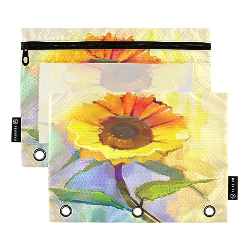 Mnsruu Ölgemälde Gelbe Sonnenblume 3 Ring Binder Bleistift Beutel mit Reißverschluss Klarfenster Schreibwaren Tasche für die Aufbewahrung Schule Bürobedarf, 2 Stück, mehrfarbig, Einheitsgröße, Beauty von Mnsruu