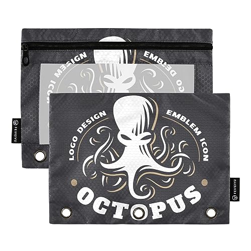 Mnsruu Octopus on Black 3 Ring Binder Pencil Pouches with Zipper Clear Window Stationery Bag for Storing School Office Supplies, 2 Pack, mehrfarbig, Einheitsgröße, Beauty Case von Mnsruu