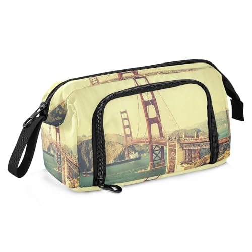 Mnsruu Old Film Retro Stil Golden Gate Bridge in San Fra Federmäppchen Große Kapazität Federmäppchen Schreibwaren Tasche für Büro Schule, mehrfarbig, Schulranzen von Mnsruu