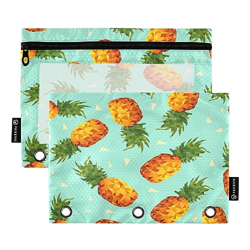 Mnsruu Pineapple 3-Ring-Bleistiftbeutel mit Reißverschluss, transparentes Fenster, Schreibwaren-Tasche zur Aufbewahrung von Schul- und Bürobedarf, 2 Stück, mehrfarbig, Einheitsgröße, Beauty Case von Mnsruu