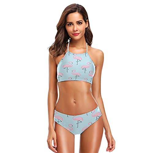 Mnsruu Pink Bird Flamingo Damen Neckholder Bikini Bademode Hohe Taille Gepolstert 2 Stück, mehrfarbig, S / M von Mnsruu