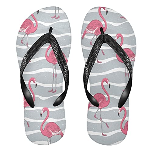 Mnsruu Pink Flamingo Grau Streifen Flip Flops Flip Sandalen Home Hausschuhe Hotel Spa Schlafzimmer Reisen XXL für Männer Frauen von Mnsruu
