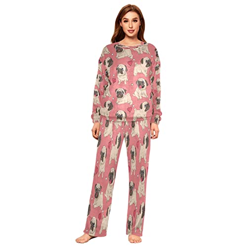 Mnsruu Pyjama-Set für Damen, Flanell, Motiv: rosa Mops, mit Herzen, 2-teilig, langärmelig, Nachtwäsche, Lounge-Set, mehrfarbig, 42 von Mnsruu